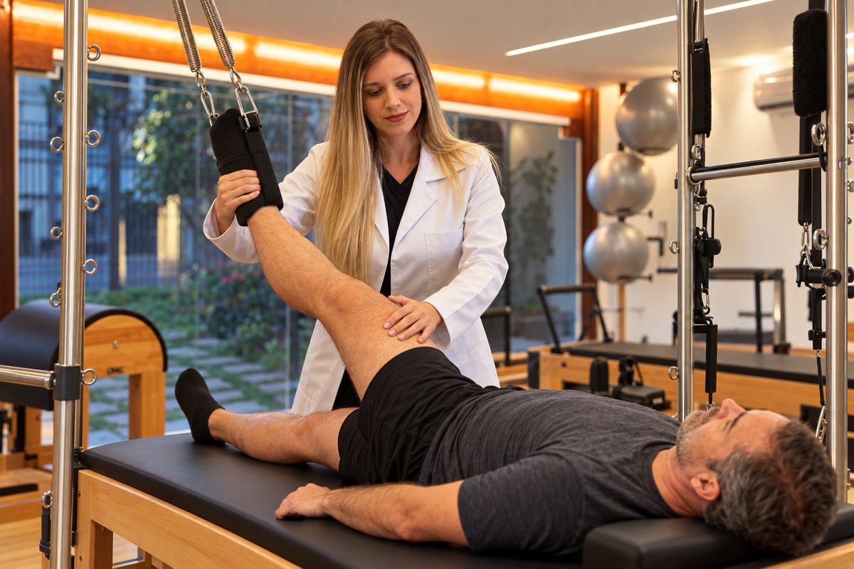 A fisioterapeuta Gabriela guiando um paciente em exercício no cadillac